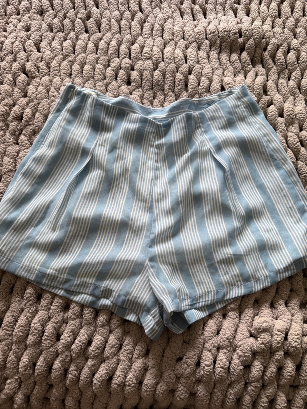 Striped High-Waist Summer Shorts in Light Blue and White